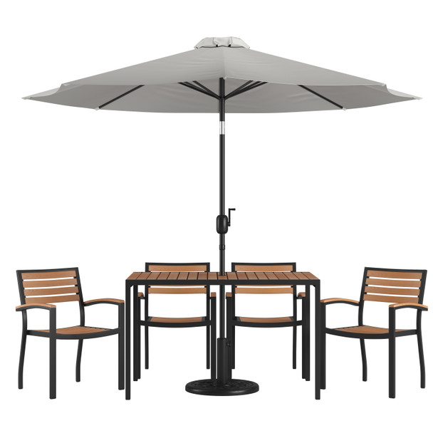 Lark 7 Piece Outdoor Patio Dining Table Set with 4 Synthetic Teak Stackable Chairs, 30" x 48" Table, Gray Umbrella & Base
