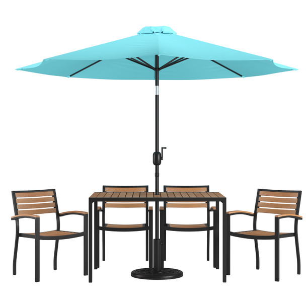 Lark 7 Piece Outdoor Patio Dining Table Set with 4 Synthetic Teak Stackable Chairs, 30" x 48" Table, Teal Umbrella & Base