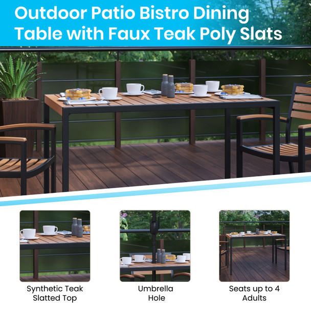Lark 7 Piece Outdoor Patio Dining Table Set with 4 Synthetic Teak Stackable Chairs, 30" x 48" Table, Tan Umbrella & Base