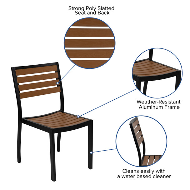 Lark 7 Piece All-Weather Deck or Patio Set with 4 Stacking Faux Teak Chairs, 30" x 48" Faux Teak Table, Gray Umbrella & Base