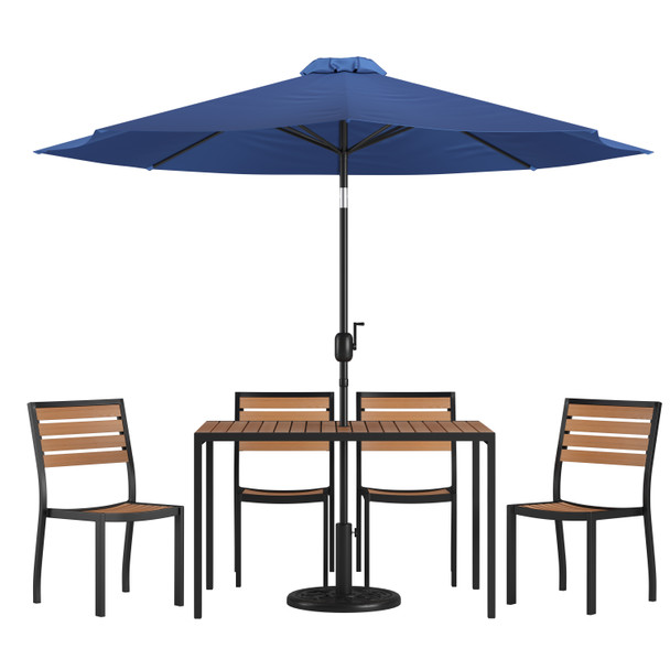Lark 7 Piece All-Weather Deck or Patio Set with 4 Stacking Faux Teak Chairs, 30" x 48" Faux Teak Table, Navy Umbrella & Base