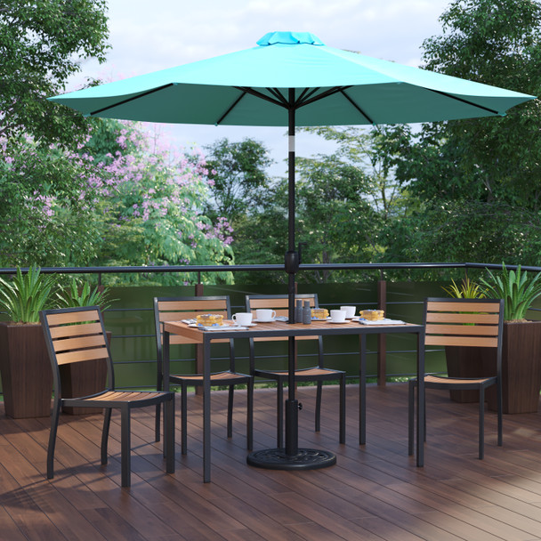 Lark 7 Piece All-Weather Deck or Patio Set with 4 Stacking Faux Teak Chairs, 30" x 48" Faux Teak Table, Teal Umbrella & Base