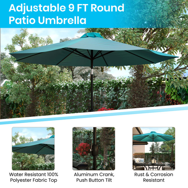 Lark 7 Piece All-Weather Deck or Patio Set with 4 Stacking Faux Teak Chairs, 30" x 48" Faux Teak Table, Teal Umbrella & Base