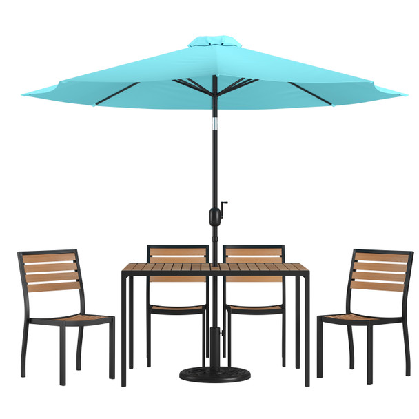 Lark 7 Piece All-Weather Deck or Patio Set with 4 Stacking Faux Teak Chairs, 30" x 48" Faux Teak Table, Teal Umbrella & Base