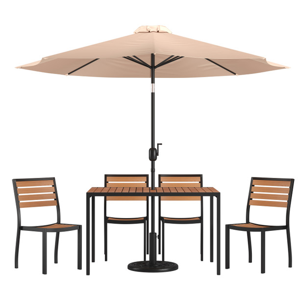 Lark 7 Piece All-Weather Deck or Patio Set with 4 Stacking Faux Teak Chairs, 30" x 48" Faux Teak Table, Tan Umbrella & Base