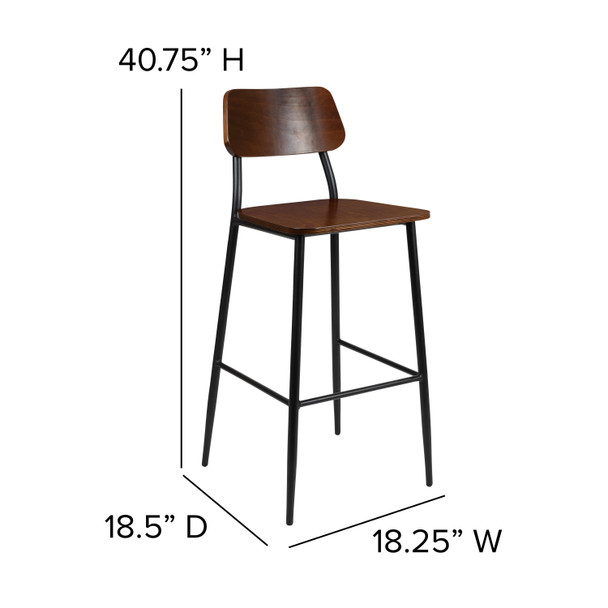 Lincoln Industrial Barstool with Gunmetal Steel Frame and Rustic Wood Seat