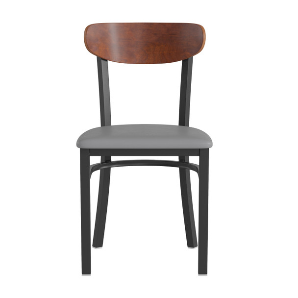 Wright Commercial Dining Chair with 500 LB. Capacity Black Steel Frame, Walnut Finish Wooden Boomerang Back, and Gray Vinyl Seat