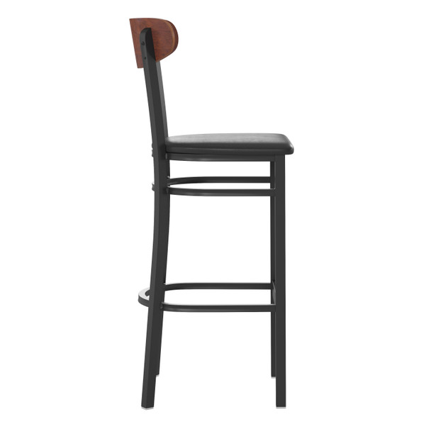 Wright Commercial Barstool with 500 LB. Capacity Black Steel Frame, Walnut Finish Wooden Boomerang Back, and Black Vinyl Seat