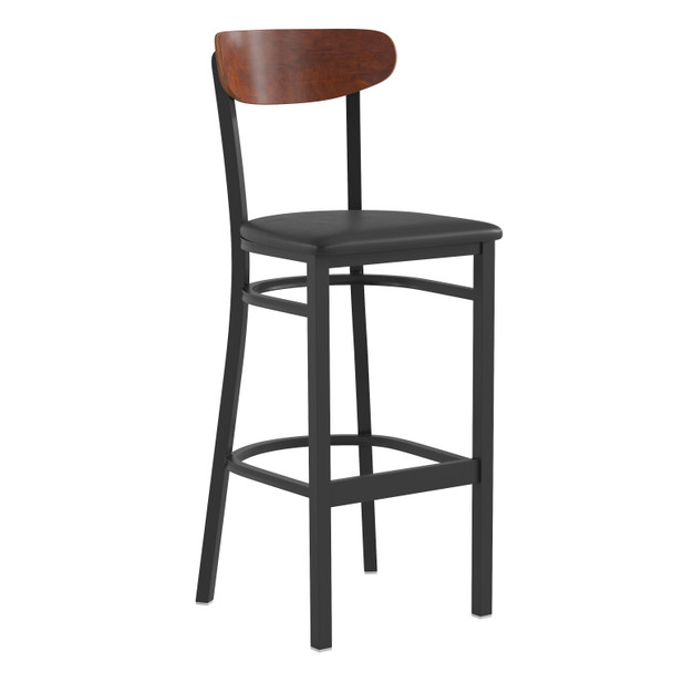 Wright Commercial Barstool with 500 LB. Capacity Black Steel Frame, Walnut Finish Wooden Boomerang Back, and Black Vinyl Seat