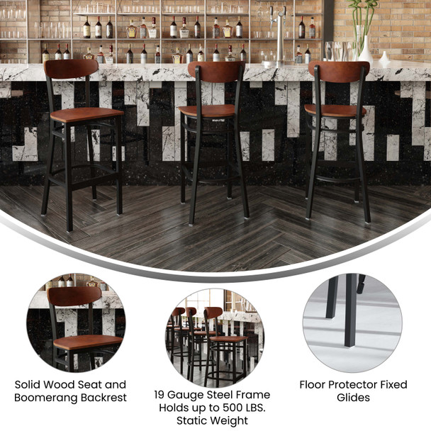 Wright Commercial Grade Barstool with 500 LB. Capacity Black Steel Frame, Solid Wood Seat, and Boomerang Back, Walnut Finish