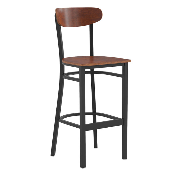 Wright Commercial Grade Barstool with 500 LB. Capacity Black Steel Frame, Solid Wood Seat, and Boomerang Back, Walnut Finish