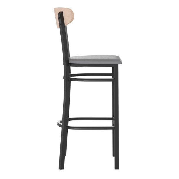 Wright Commercial Barstool with 500 LB. Capacity Black Steel Frame, Natural Birch Finish Wooden Boomerang Back, and Gray Vinyl Seat