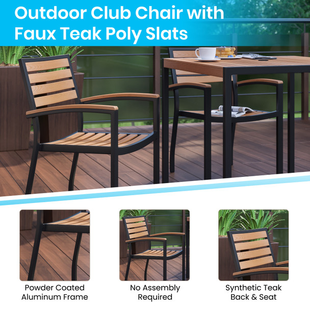 Lark 3 Piece Outdoor Dining Table Set - Synthetic Teak Poly Slats - 35" Square Steel Framed Table with Umbrella Hole - 2 Club Chairs