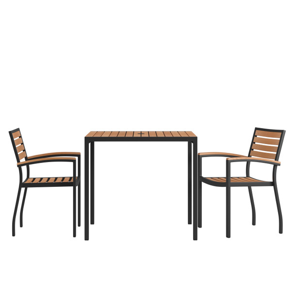 Lark 3 Piece Outdoor Dining Table Set - Synthetic Teak Poly Slats - 35" Square Steel Framed Table with Umbrella Hole - 2 Club Chairs