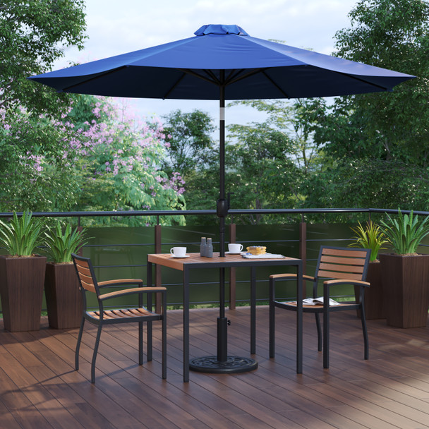 Lark 5 Piece Outdoor Patio Table Set with 2 Synthetic Teak Stackable Chairs, 35" Square Table, Navy Umbrella & Base