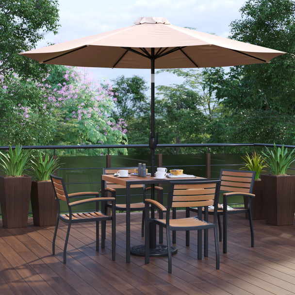 Lark 7 Piece Outdoor Patio Table Set with 4 Synthetic Teak Stackable Chairs, 35" Square Table, Tan Umbrella & Base
