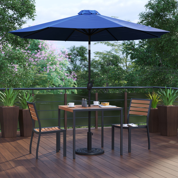 Lark 5 Piece All-Weather Deck or Patio Set with 2 Stacking Faux Teak Chairs, 35" Square Faux Teak Table, Navy Umbrella & Base