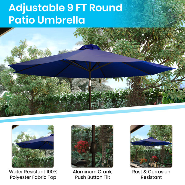 Lark 5 Piece All-Weather Deck or Patio Set with 2 Stacking Faux Teak Chairs, 35" Square Faux Teak Table, Navy Umbrella & Base