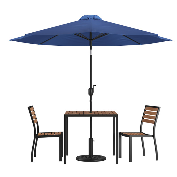 Lark 5 Piece All-Weather Deck or Patio Set with 2 Stacking Faux Teak Chairs, 35" Square Faux Teak Table, Navy Umbrella & Base