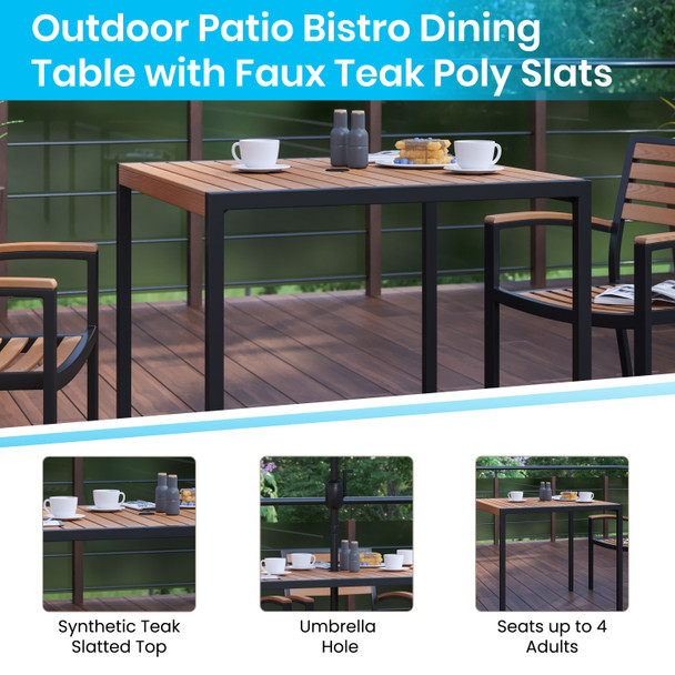 Lark 5 Piece All-Weather Deck or Patio Set with 2 Stacking Faux Teak Chairs, 35" Square Faux Teak Table, Teal Umbrella & Base