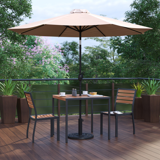 Lark 5 Piece All-Weather Deck or Patio Set with 2 Stacking Faux Teak Chairs, 35" Square Faux Teak Table, Tan Umbrella & Base