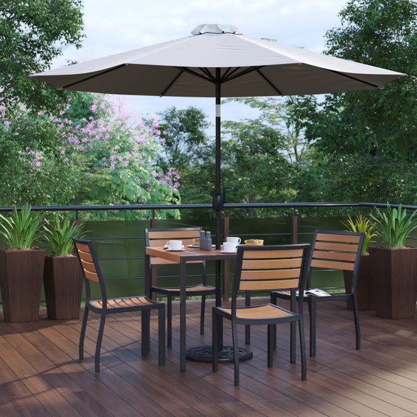 Lark 7 Piece All-Weather Deck or Patio Set with 4 Stacking Faux Teak Chairs, 35" Square Faux Teak Table, Gray Umbrella & Base