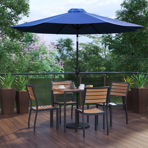 Lark 7 Piece All-Weather Deck or Patio Set with 4 Stacking Faux Teak Chairs, 35" Square Faux Teak Table, Navy Umbrella & Base
