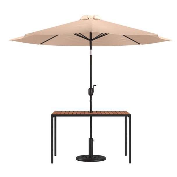 Lark 3 Piece Outdoor Patio Table Set - 30" x 48" Square Synthetic Teak Patio Table with Tan Umbrella and Base