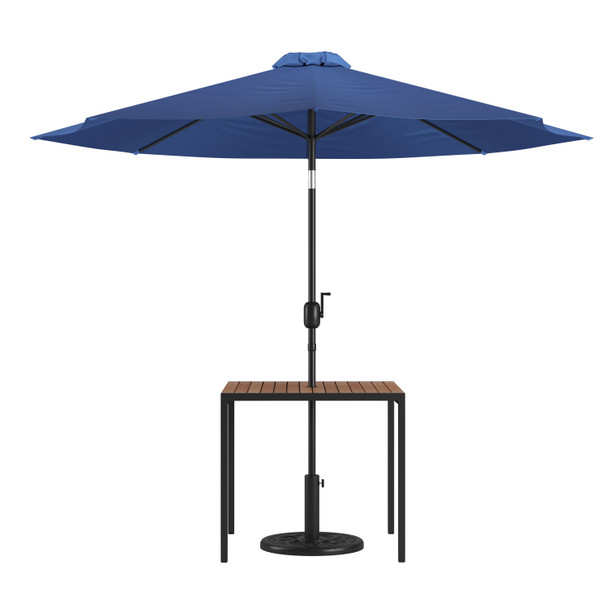 Lark 3 Piece Outdoor Patio Table Set - 35" Square Synthetic Teak Patio Table with Navy Umbrella and Base