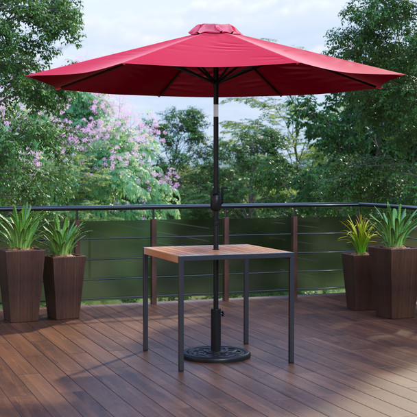 Lark 3 Piece Outdoor Patio Table Set - 35" Square Synthetic Teak Patio Table with Red Umbrella and Base