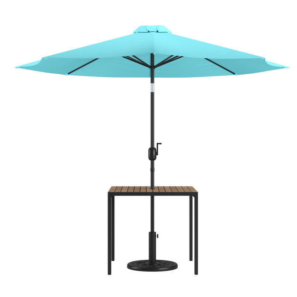 Lark 3 Piece Outdoor Patio Table Set - 35" Square Synthetic Teak Patio Table with Teal Umbrella and Base