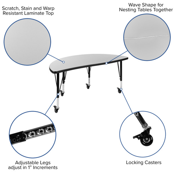 Emmy Mobile 76" Oval Wave Flexible Laminate Activity Table Set with 12" Student Stack Chairs, Grey/Black