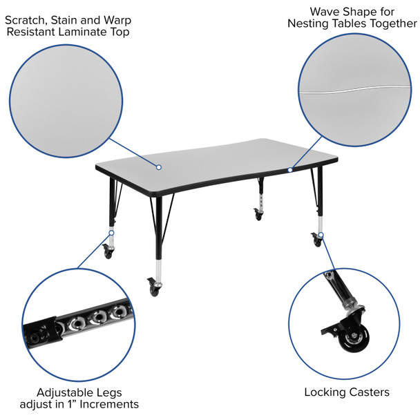 Emmy Mobile 76" Oval Wave Flexible Laminate Activity Table Set with 12" Student Stack Chairs, Grey/Black