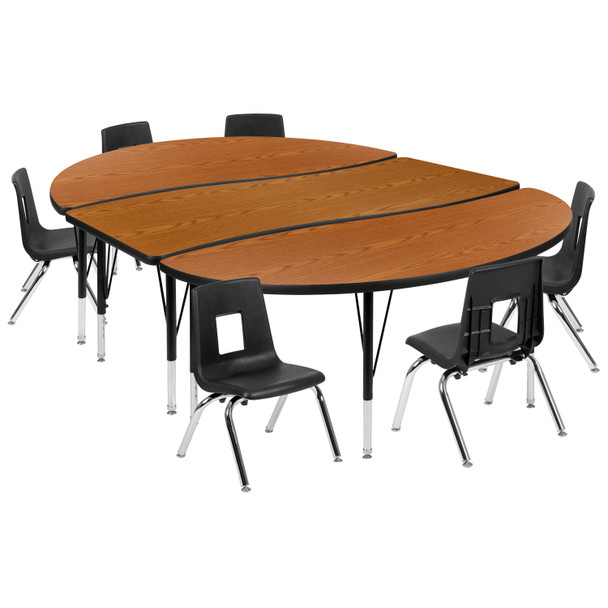 Emmy 86" Oval Wave Flexible Laminate Activity Table Set with 12" Student Stack Chairs, Oak/Black