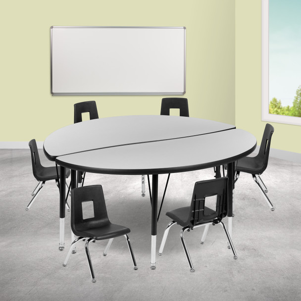 Emmy 47.5" Circle Wave Flexible Laminate Activity Table Set with 12" Student Stack Chairs, Grey/Black