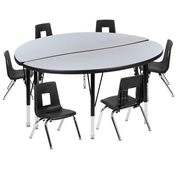 Emmy 47.5" Circle Wave Flexible Laminate Activity Table Set with 12" Student Stack Chairs, Grey/Black