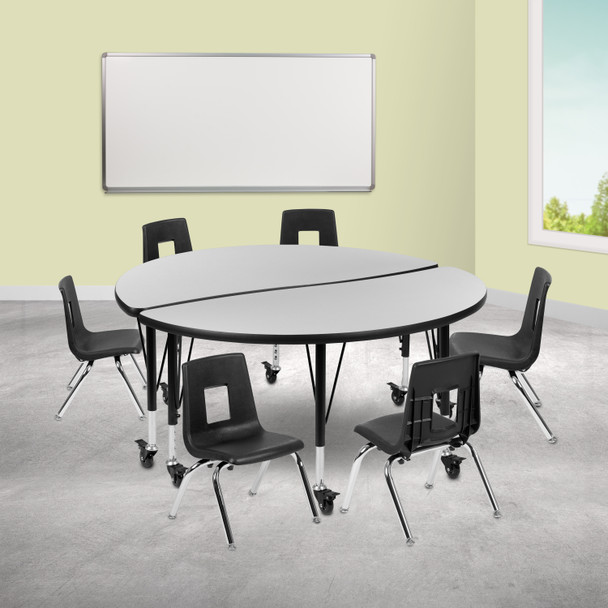 Emmy Mobile 47.5" Circle Wave Flexible Laminate Activity Table Set with 12" Student Stack Chairs, Grey/Black