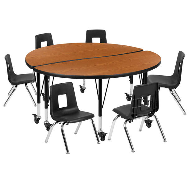 Emmy Mobile 47.5" Circle Wave Flexible Laminate Activity Table Set with 12" Student Stack Chairs, Oak/Black