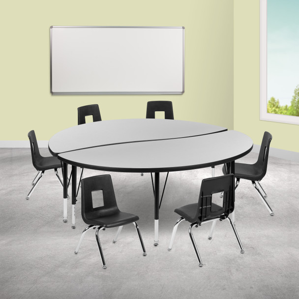 Emmy 60" Circle Wave Flexible Laminate Activity Table Set with 12" Student Stack Chairs, Grey/Black