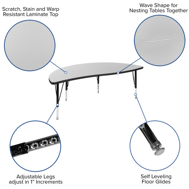 Emmy 60" Circle Wave Flexible Laminate Activity Table Set with 12" Student Stack Chairs, Grey/Black