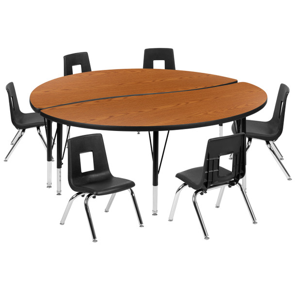 Emmy 60" Circle Wave Flexible Laminate Activity Table Set with 12" Student Stack Chairs, Oak/Black