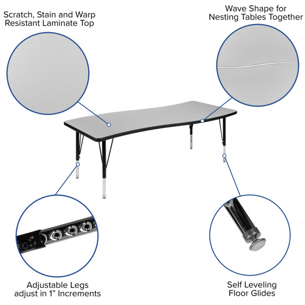 Emmy 86" Oval Wave Flexible Laminate Activity Table Set with 14" Student Stack Chairs, Grey/Black