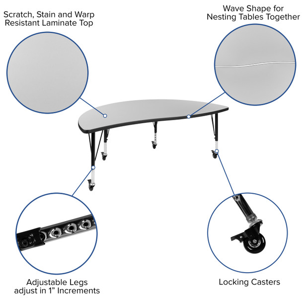 Emmy Mobile 86" Oval Wave Flexible Laminate Activity Table Set with 14" Student Stack Chairs, Grey/Black