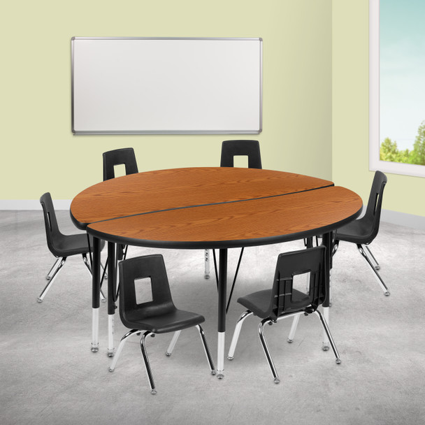 Emmy 47.5" Circle Wave Flexible Laminate Activity Table Set with 14" Student Stack Chairs, Oak/Black