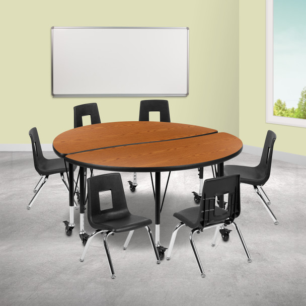 Emmy Mobile 47.5" Circle Wave Flexible Laminate Activity Table Set with 14" Student Stack Chairs, Oak/Black