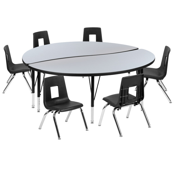 Emmy 60" Circle Wave Flexible Laminate Activity Table Set with 14" Student Stack Chairs, Grey/Black