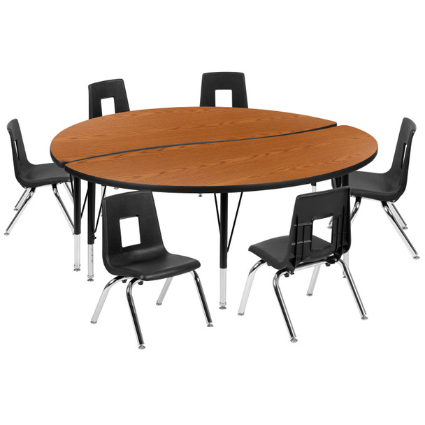 Emmy 60" Circle Wave Flexible Laminate Activity Table Set with 14" Student Stack Chairs, Oak/Black