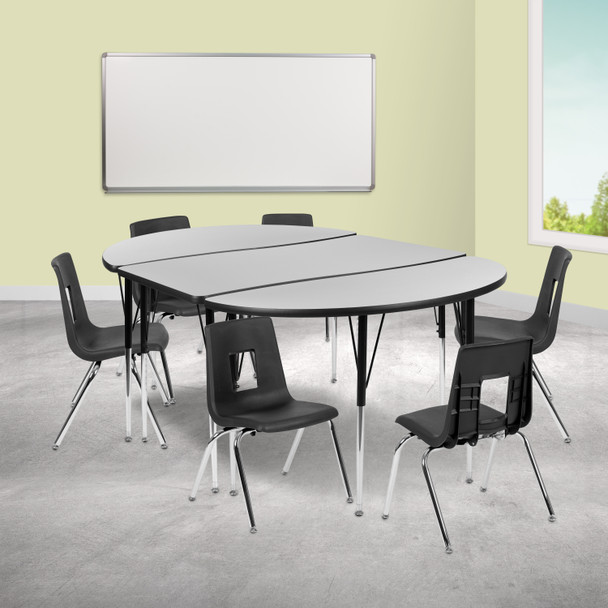 Emmy 76" Oval Wave Flexible Laminate Activity Table Set with 16" Student Stack Chairs, Grey/Black