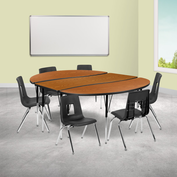 Emmy 86" Oval Wave Flexible Laminate Activity Table Set with 16" Student Stack Chairs, Oak/Black