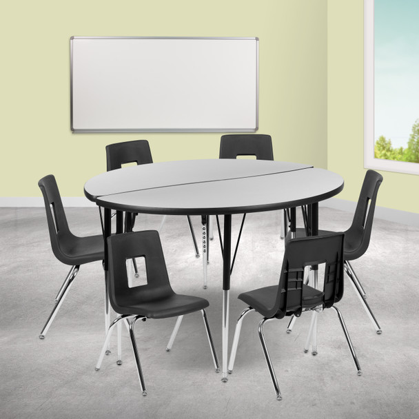 Emmy 47.5" Circle Wave Flexible Laminate Activity Table Set with 16" Student Stack Chairs, Grey/Black